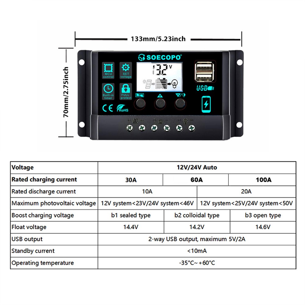 SOECOPO 150W Monocrystalline Solar Panel Kit with 30A/60A/100A LCD Controller fo