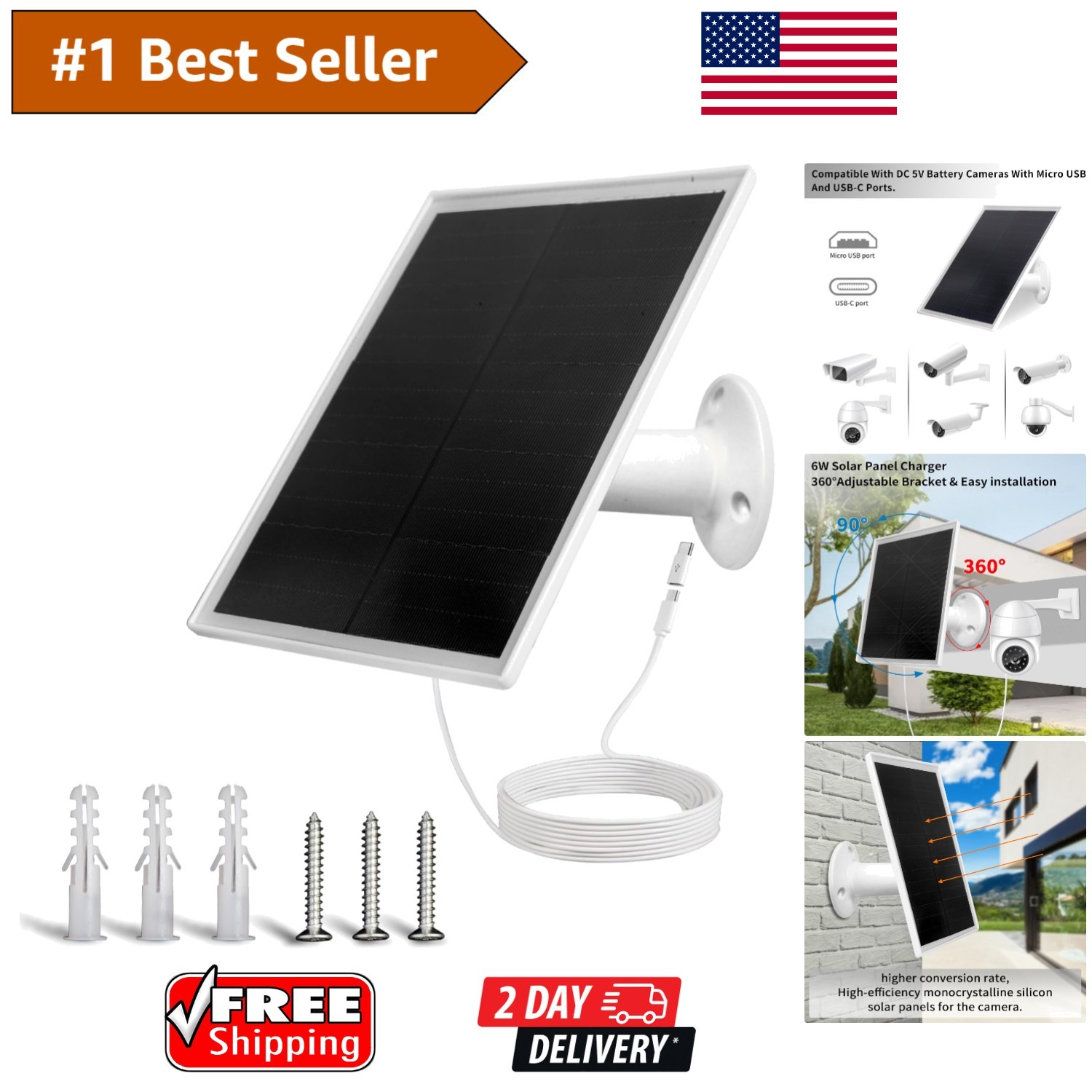 6W High-Efficiency Solar Panel Charger, Waterproof for Outdoor Security Cameras