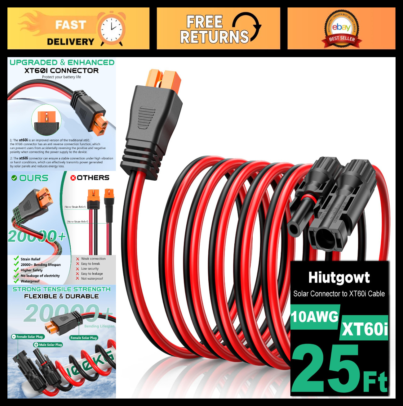 25FT 10AWG Solar XT60i Cable, Solar Panel Connector Extension for Power Stations