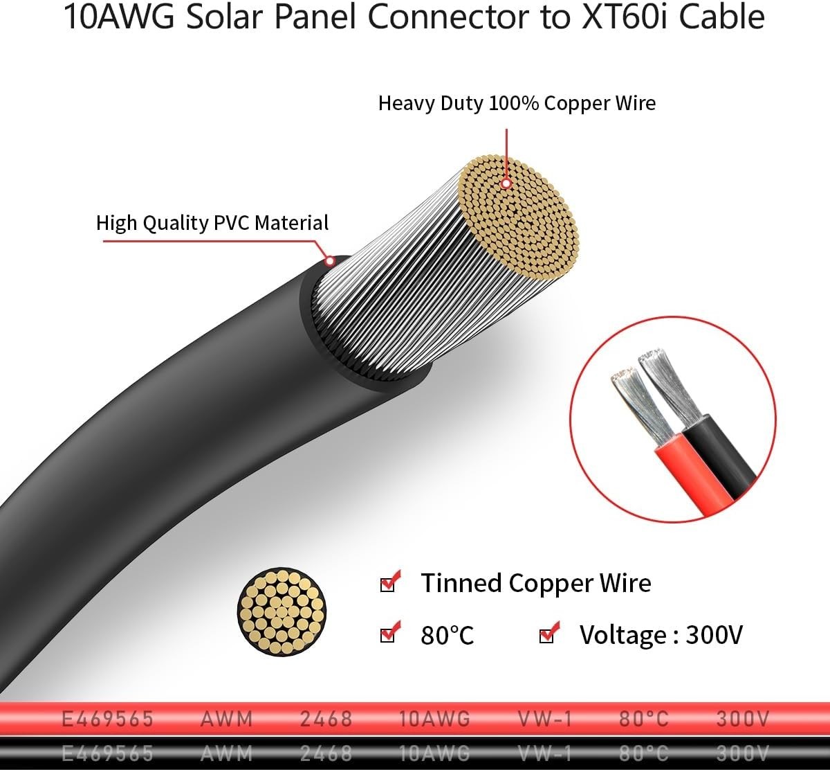 10AWG 2FT Solar to XT60i Cable 2FT Solar Connector to XT60i