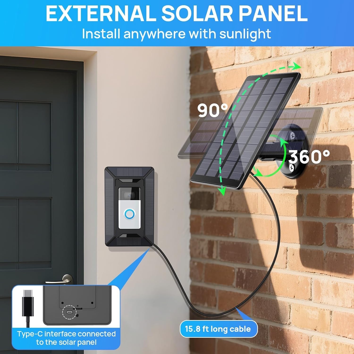 Solar Charger for Ring Doorbell, 2-in-1 with Mount Stand, Compatible with Rin…