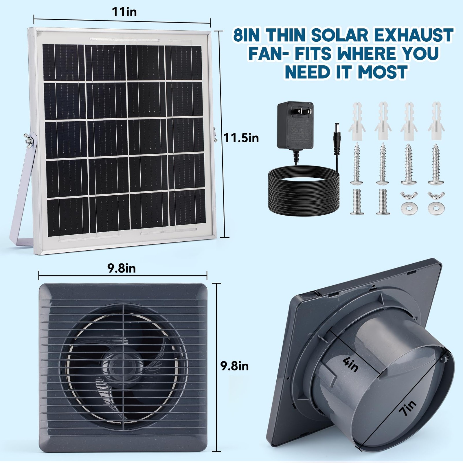 Solar Powered Exhaust Fan, 25W Panel+8″ 11 x 5.8 x 11.5 inches, Black