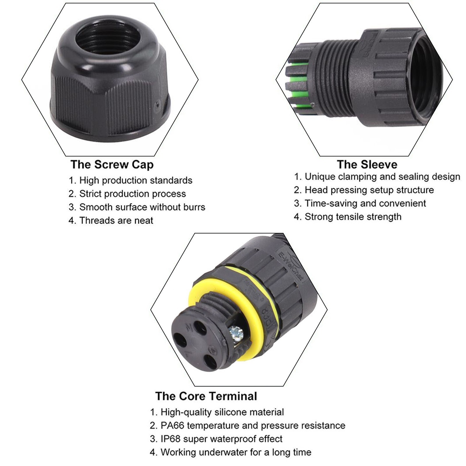 EN 240V 400V Voltage 3 Pin Connector IP68 Waterproof Cable Junction Box