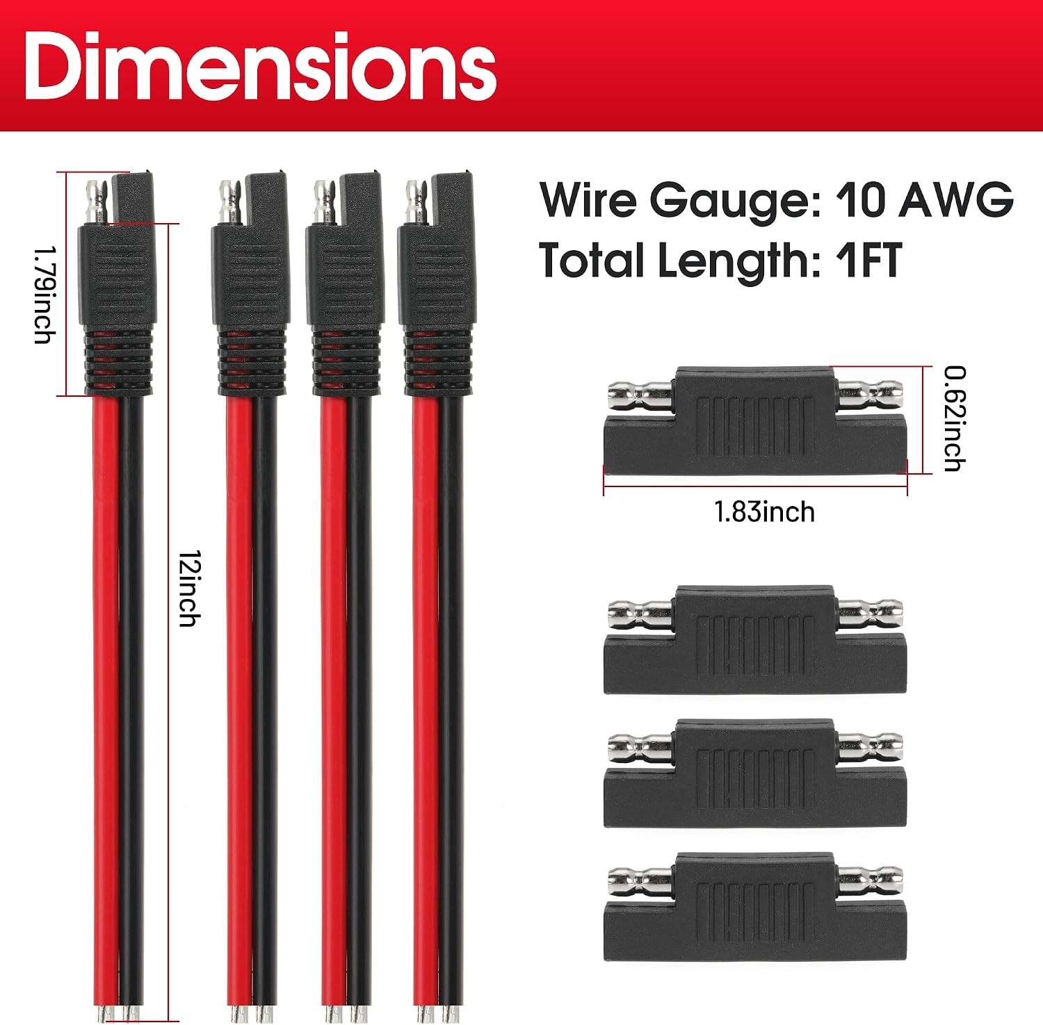 10AWG SAE Extension Cable 1FT 2-Pin Quick Disconnect Weatherproof 4 Pack