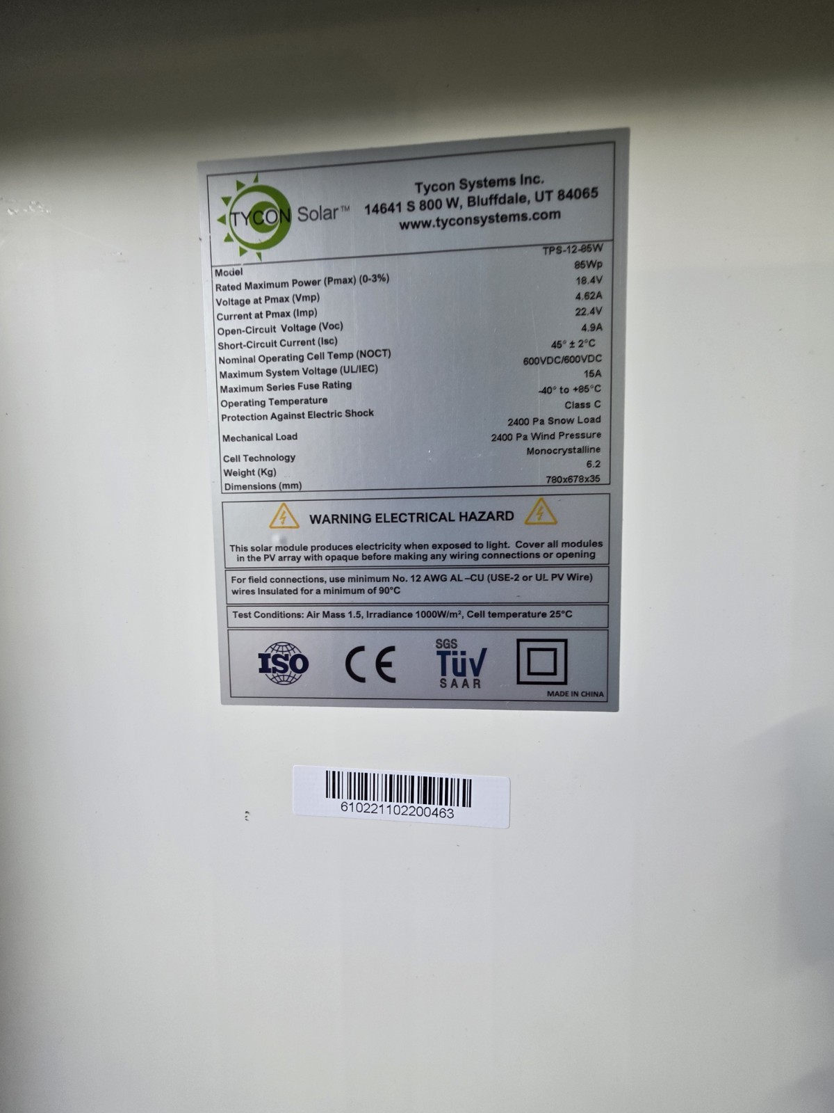 Tycon Power Systems TPS-12-85W 85W 12V Solar Panel *BRAND NEW*
