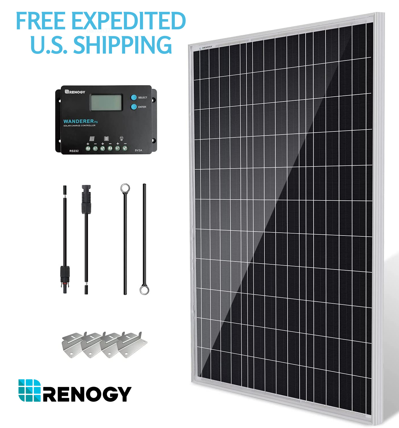 SOLAR STARTER Kit Renogy 100W 12V Monocrystalline w/Wanderer 10A CHARGER CONTROL