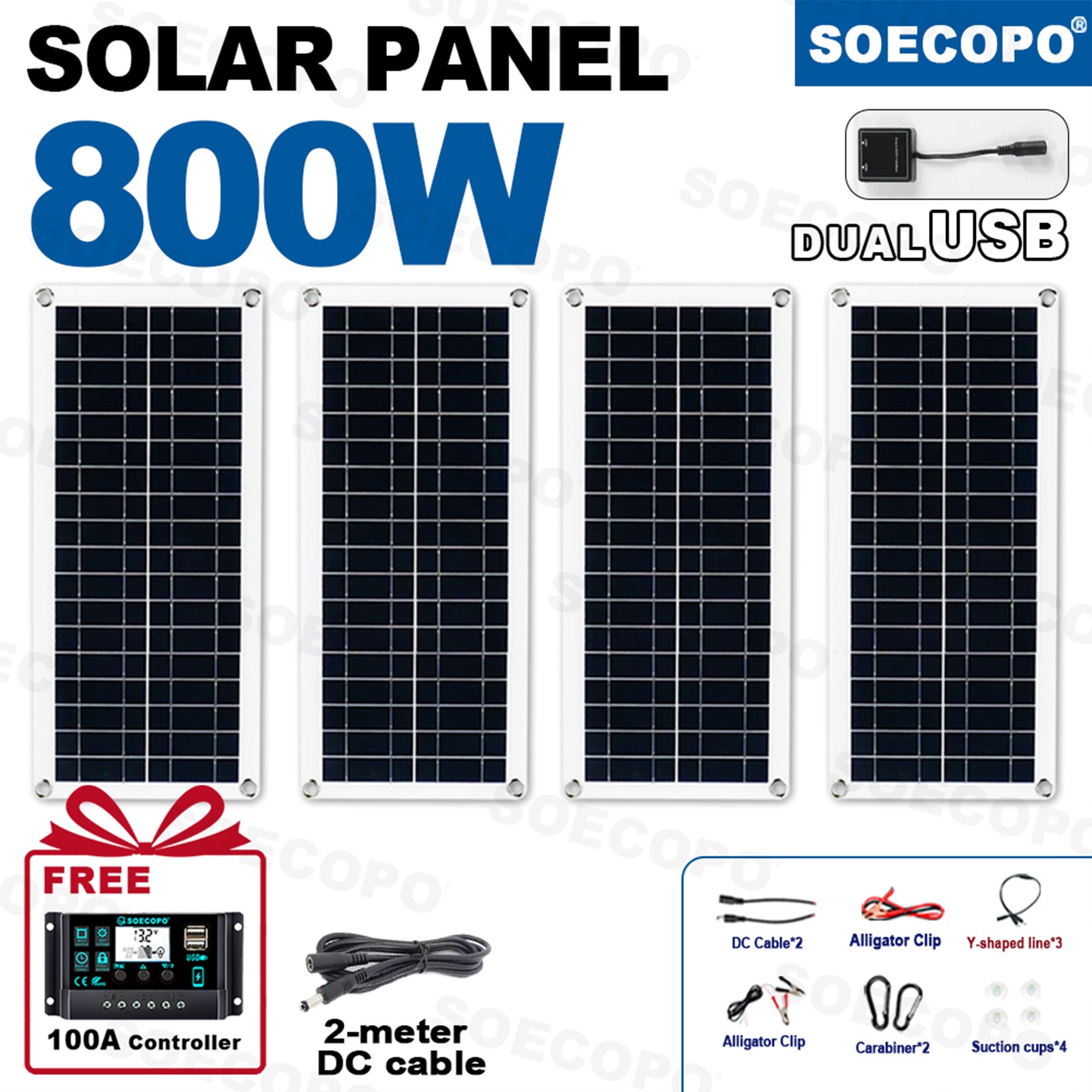 800W 4 x 200W PV Panel Kit – 100A Controller + 2M DC Cord for Home Balcony/RV4