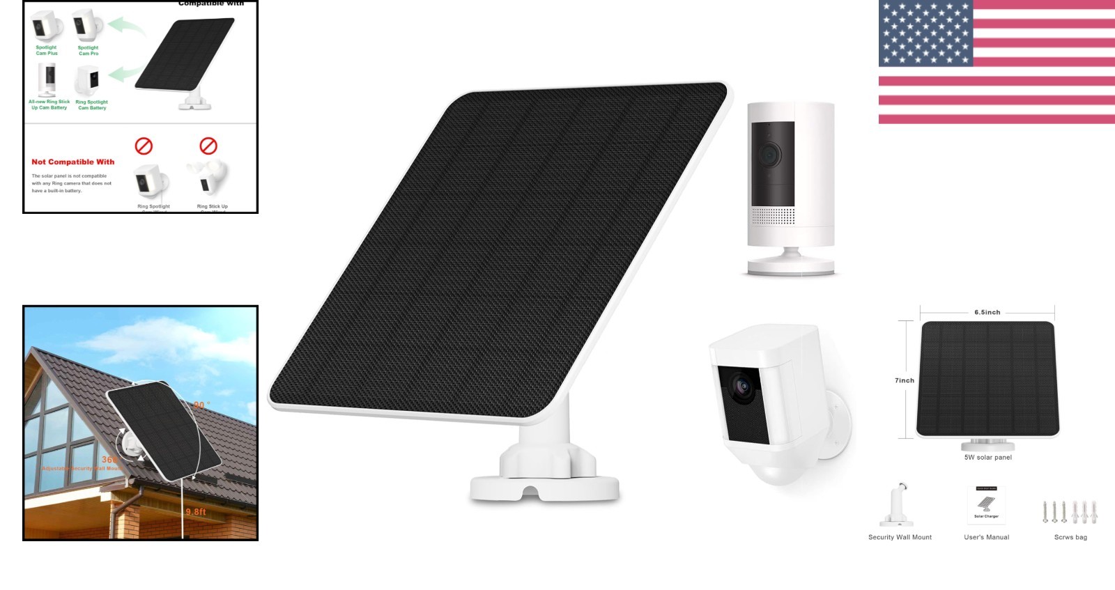 Waterproof Solar Panel for Ring Stick Up & Spotlight Cameras | 9.8ft Cable