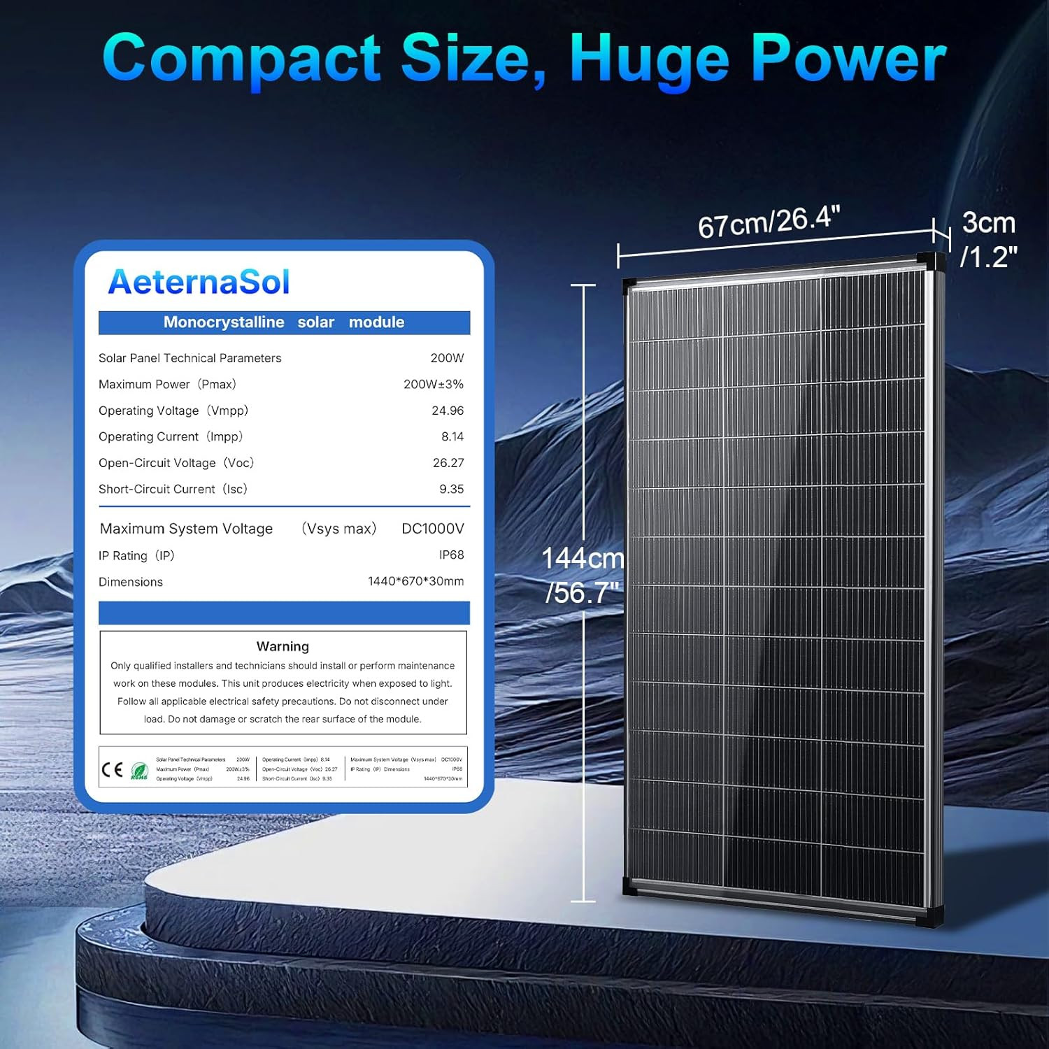 Solar Panels, 200w bifacial n Type 18bb A+ Grade Solar Module IP68 Waterproof 25