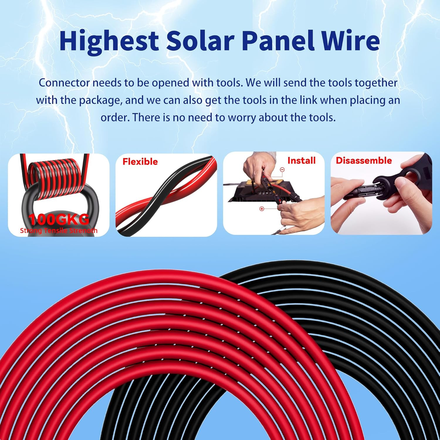 Solar Extension Cable 10AWG 6Mm² 50FT PV Wire 10Gauge Adaptor Panels Cables with