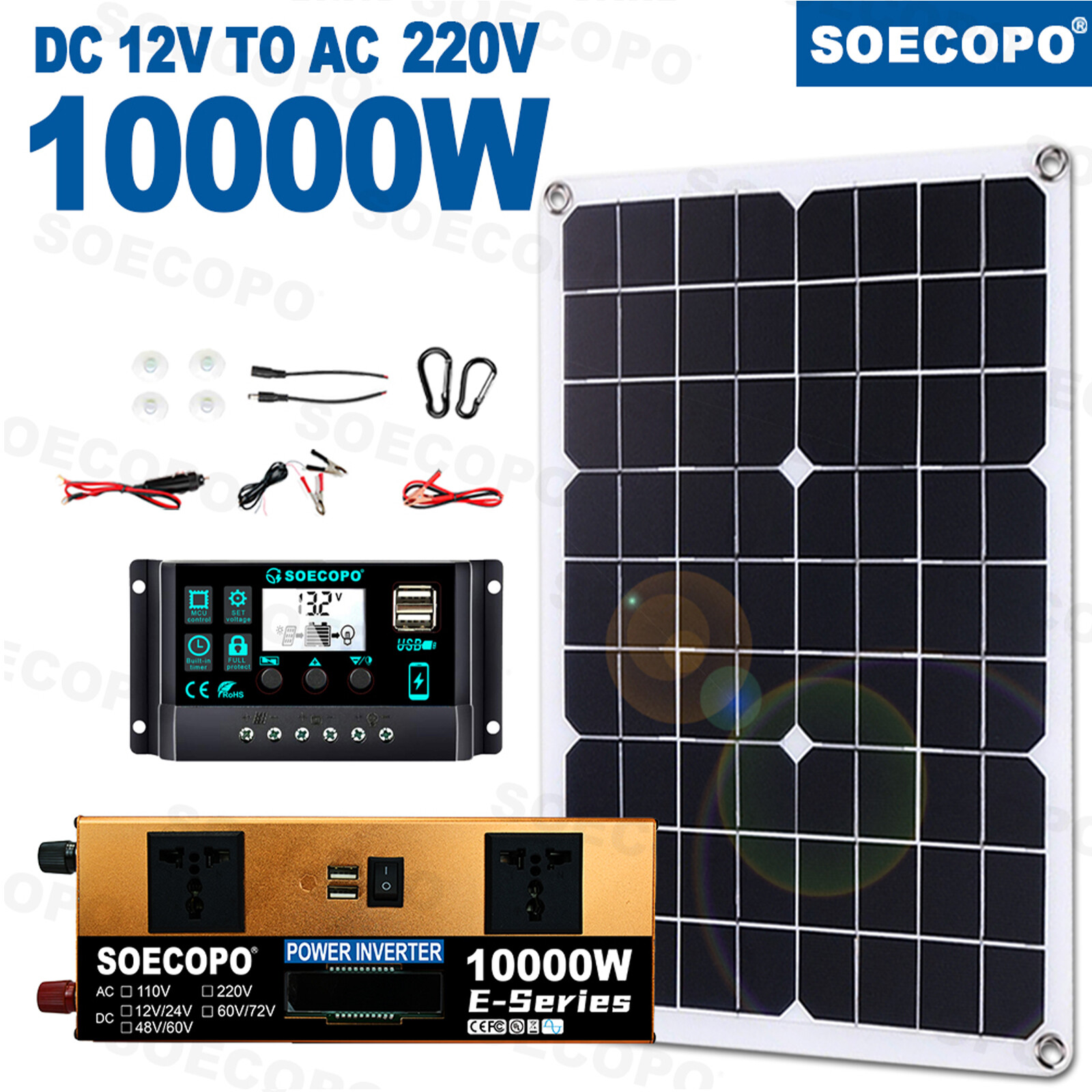 10000W Solar Kit 500W Panel 100A MPPT Controller DC Cable 12V/24V to 220V/110V