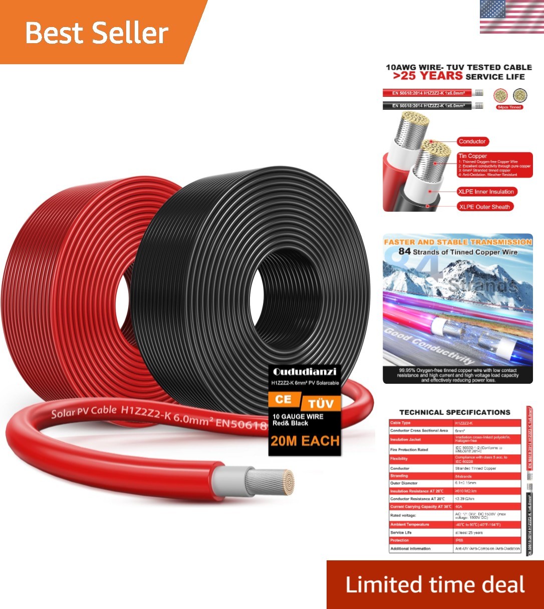 65FT Red + 65FT Black 10AWG Tinned Copper Solar Cable – Durable & Waterproof