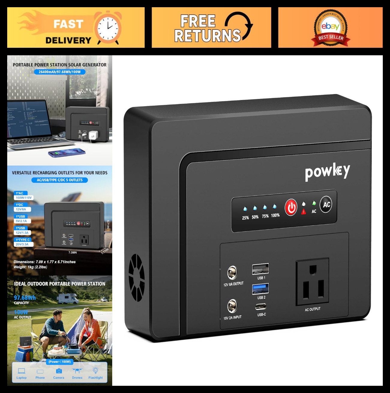Portable Power Station 100W, 97Wh Generator, AC Outlet, USB-C Fast Charging, 264
