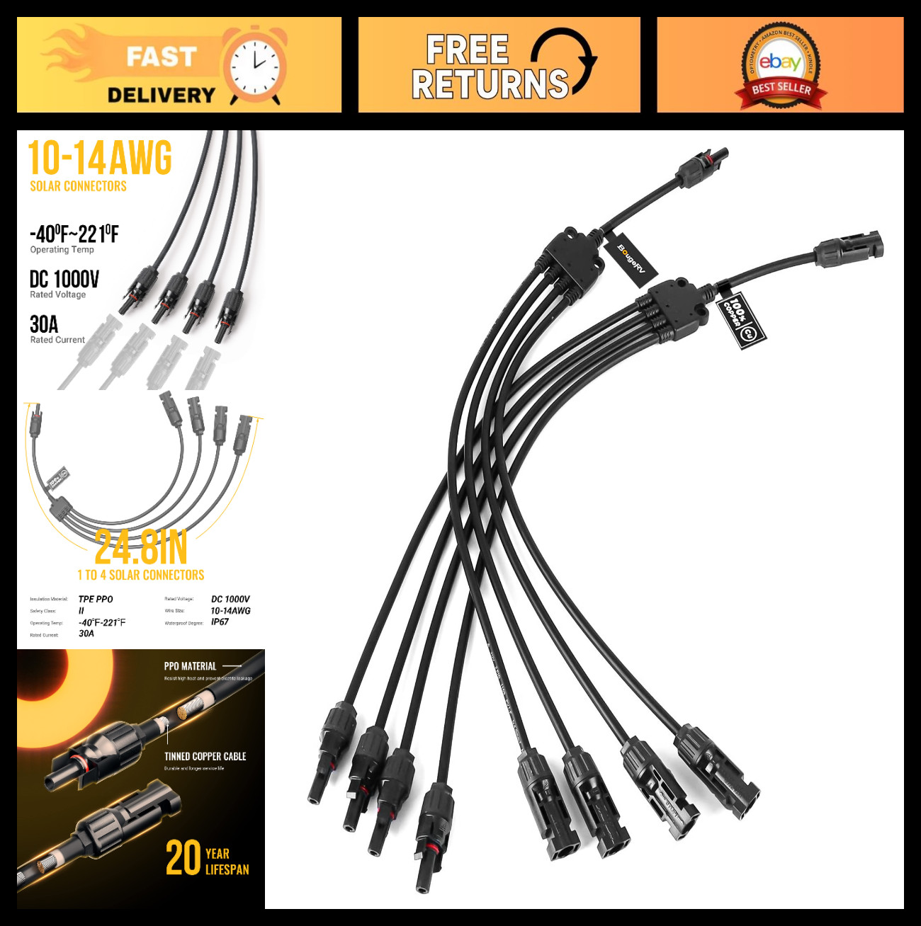 Extra Long Solar Panel Y Branch Connectors 1 to 4 Parallel Cable Wire Kit