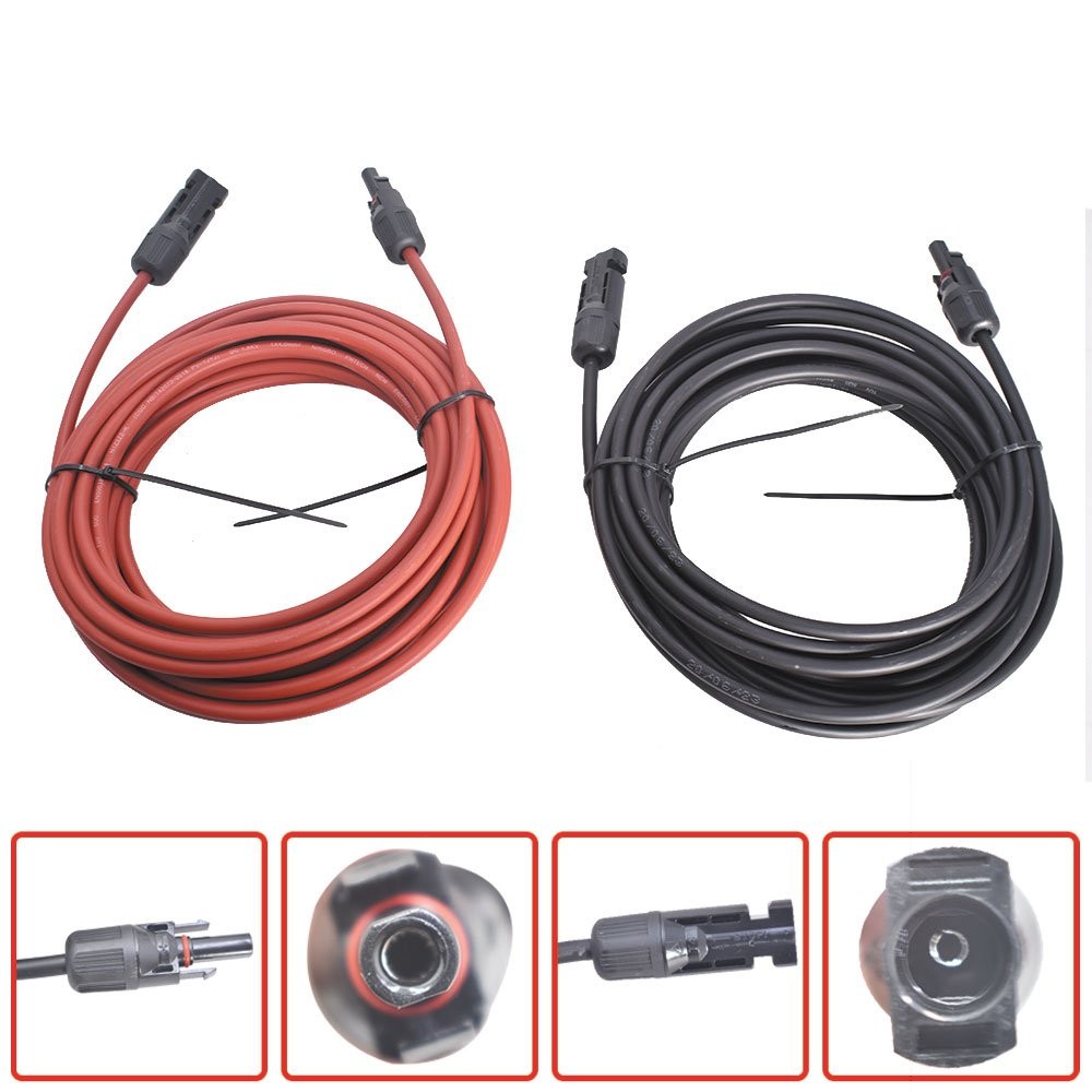 30 Feet 1 Pair 10AWG Solar Panel Extension Cable Wire Connector Black + Red