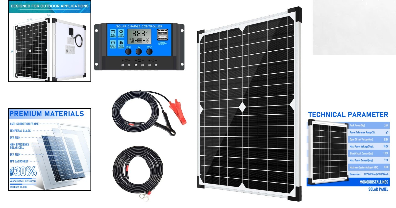 20W Monocrystalline Solar Panel Kit with 10A Charge Controller for Off-Grid Use