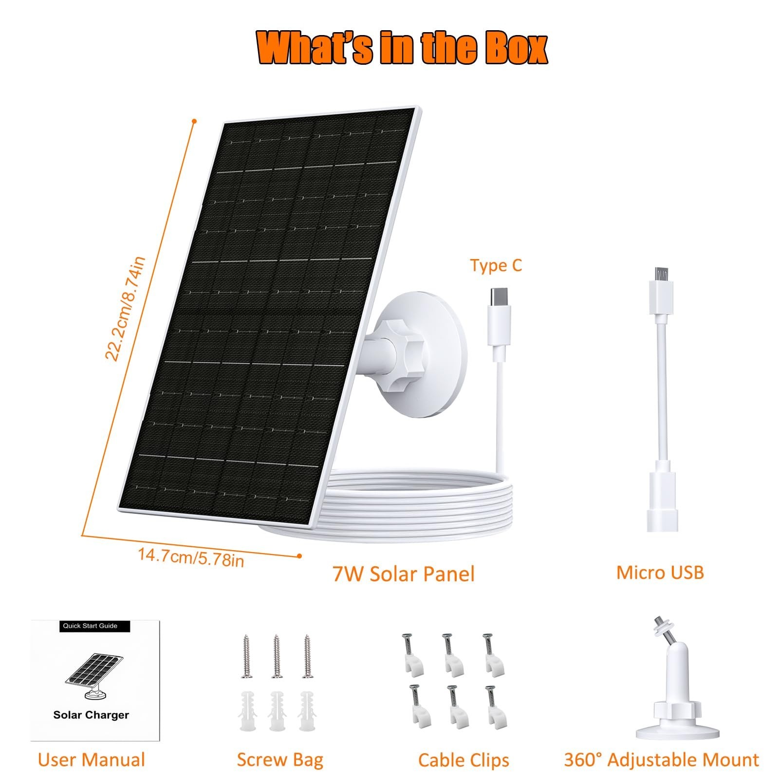 7W Solar Panel for 2K Cameras, USB-C Charger, IP66 Waterproof, 360° Mount, 9.8ft