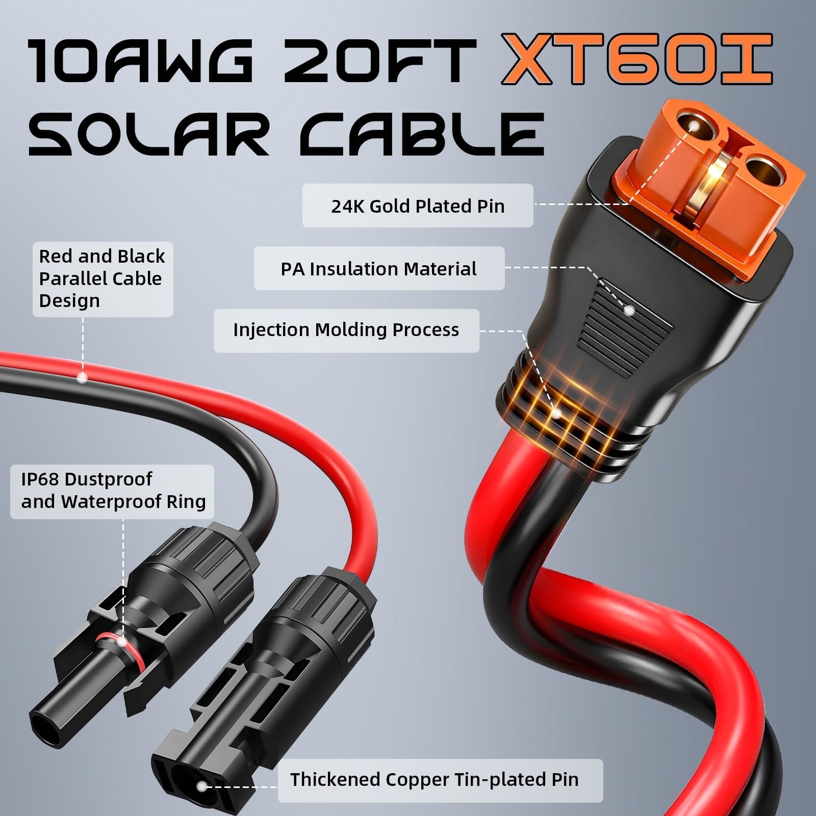 20FT 10AWG Solar Panel Connector XT60i-F Adapter Extension Cable for Power Stati