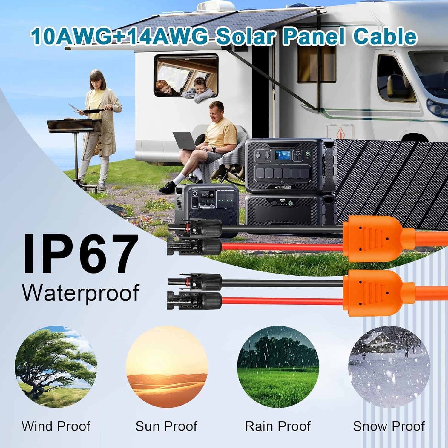 Solar-Panel Extension Cable 50FT – 10AWG+14AWG Solar Wire with Connector