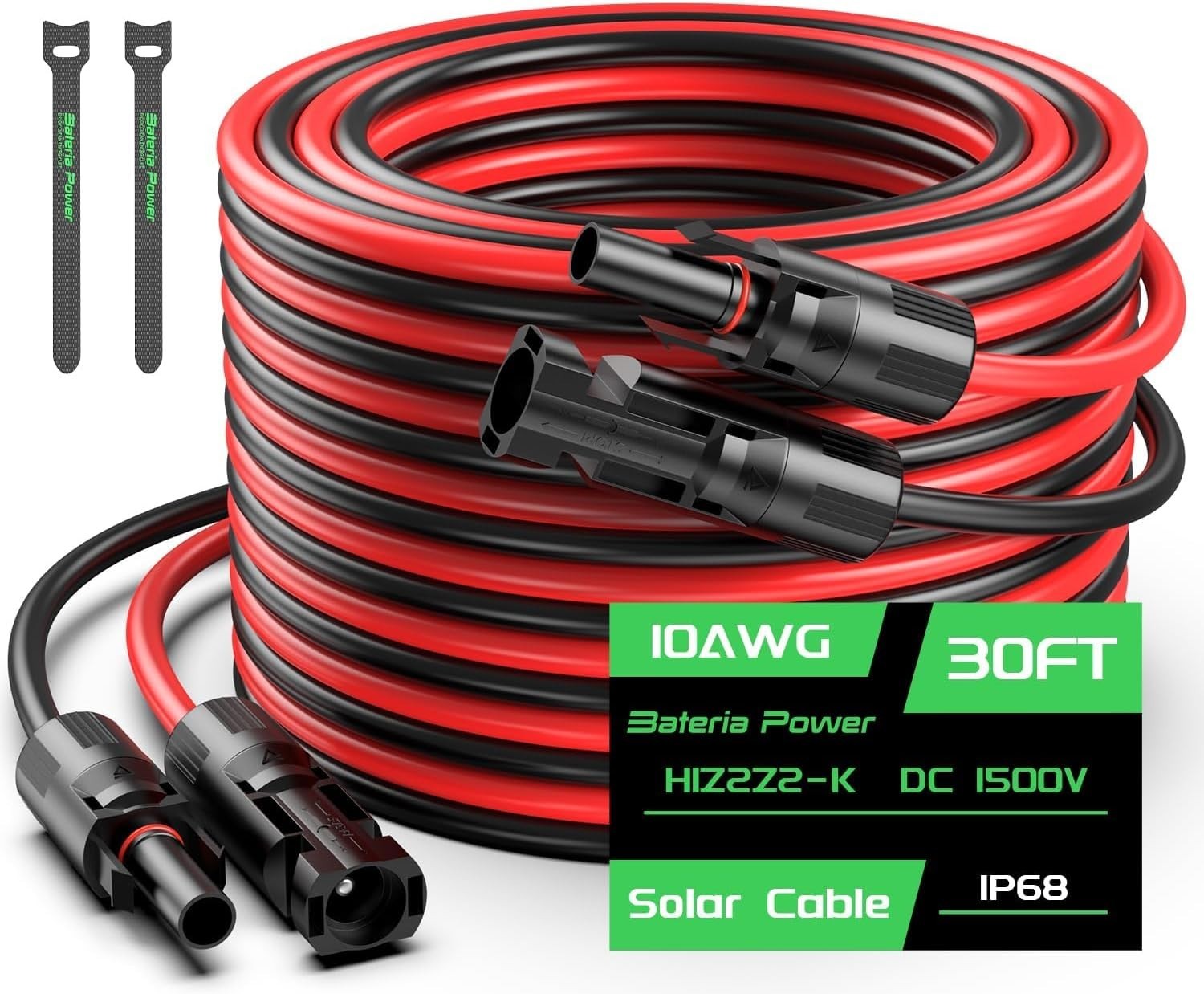 30FT 10AWG Solar Extension Cable Waterproof Connectors for RV and PV Systems