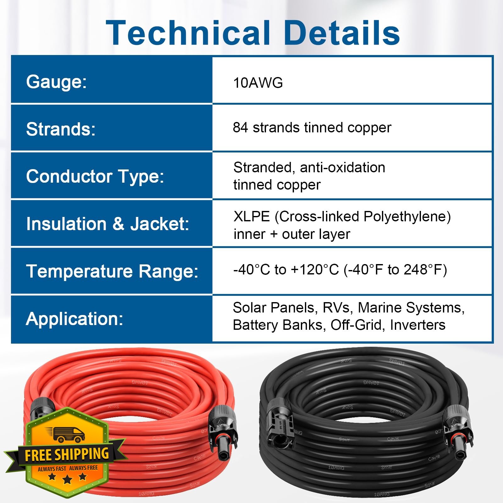 XRDS-RF 10AWG Solar Cable 50FT 2 Pack Red Black
