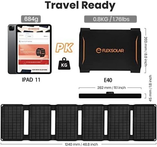 40W Foldable Solar Panel Charger with USB-C and USB-A Outputs for Phones, Pow…