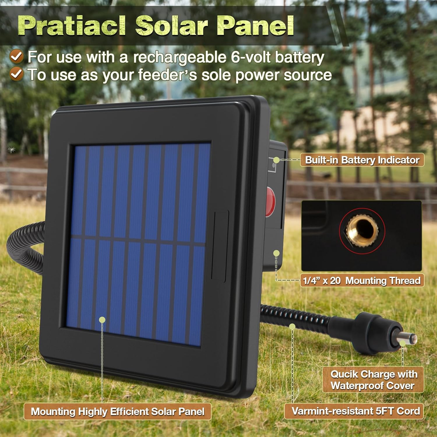6V Deer Feeder Solar Panel, Efficient Solar Panel Charger with 5FT Weatherproof