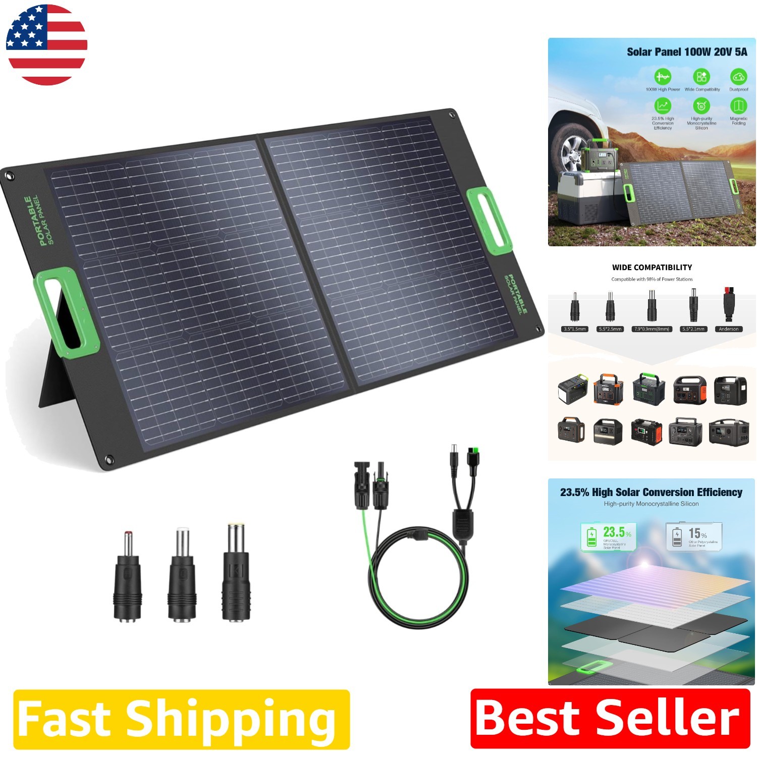 100W Foldable Solar Panel – 20V High-Efficiency Monocrystalline Charger for P…