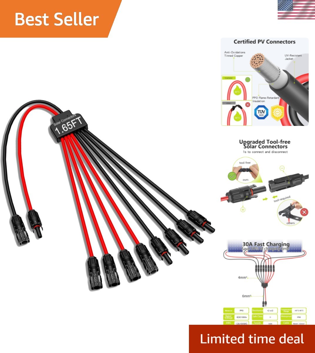 Solar Connectors for 4 Solar Panels,Tool-Free Solar Panels Connectors,Waterpr…