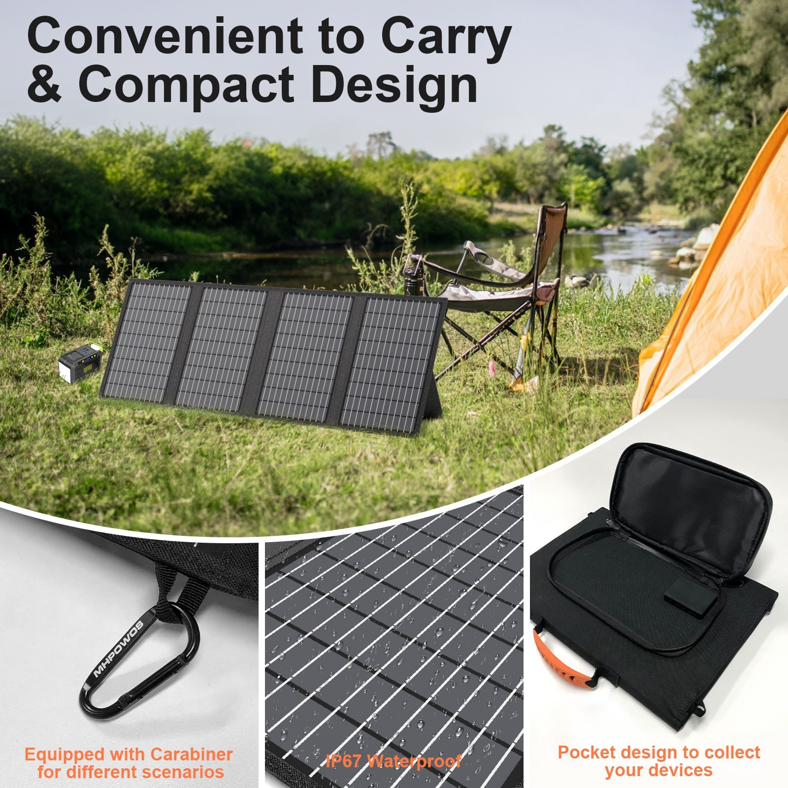 MHPOWOS 60W Backpack Solar Panel for Outdoor Fan Power Bank Tablet Laptop Camera