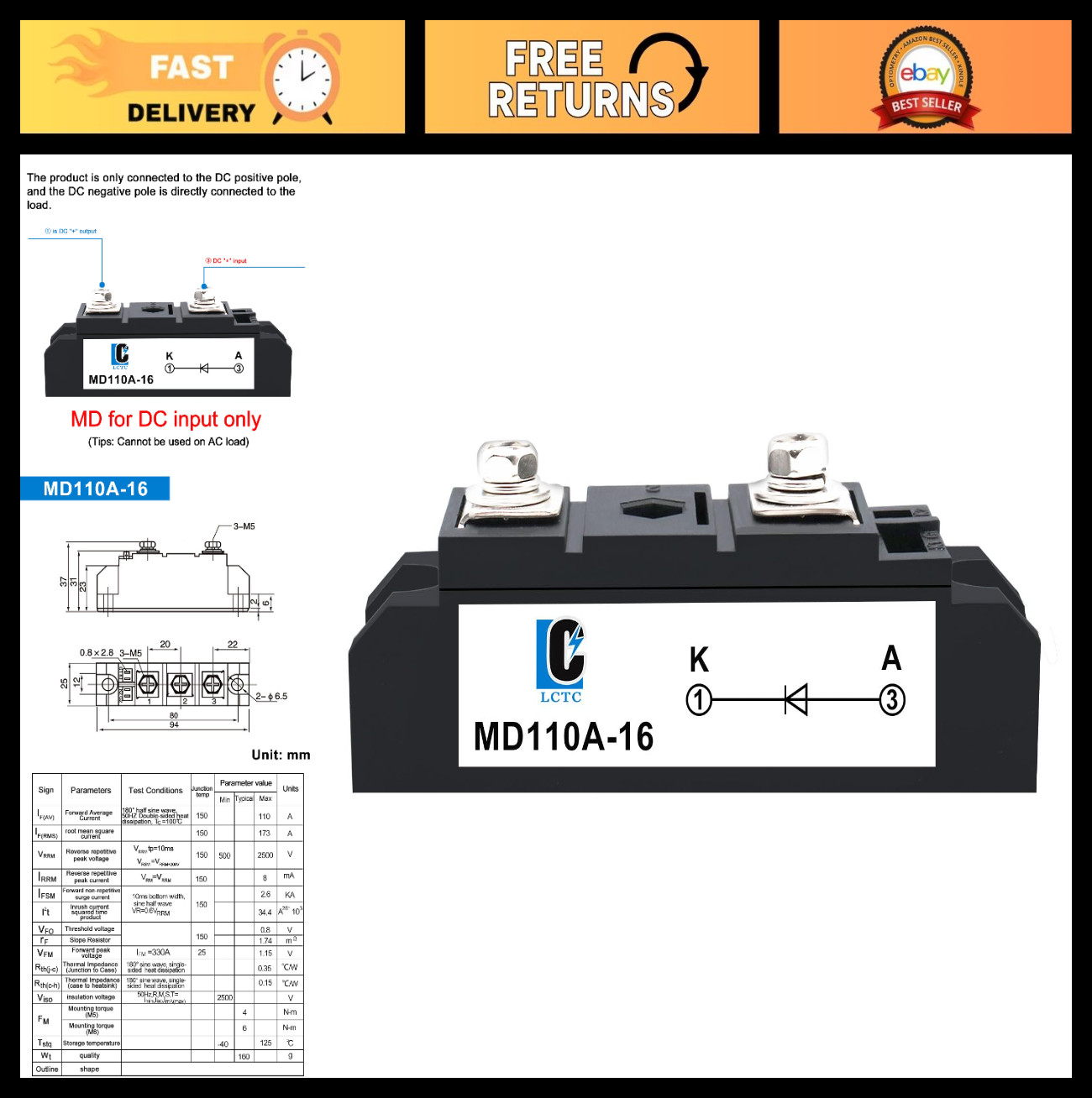 Solar Anti-Reverse Diode 110A 100Amp – AC 400V, DC 3-1000V for Solar Panels