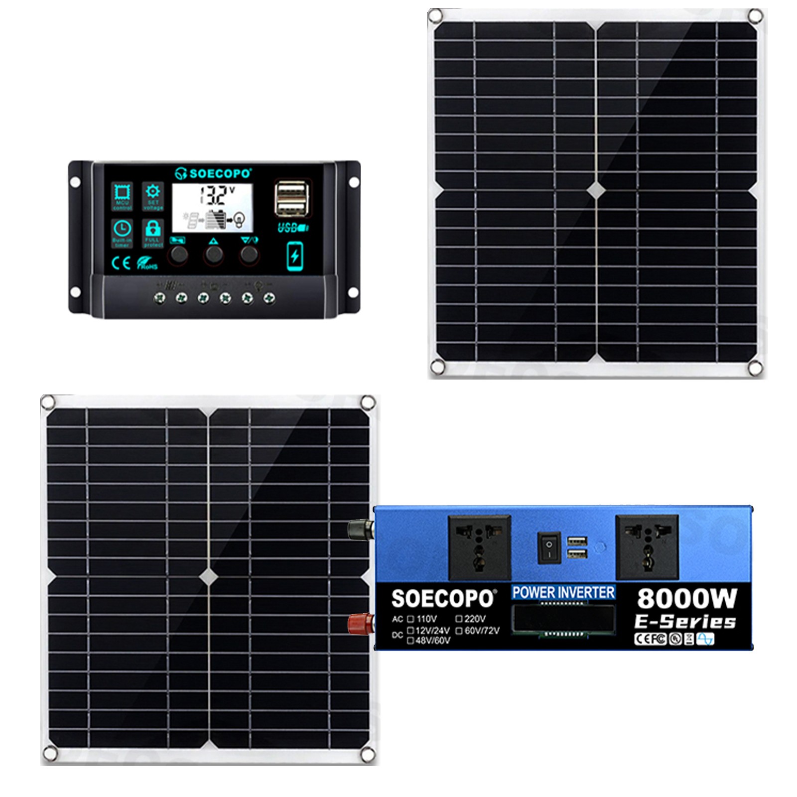 8000W Solar Inverter Kit (12V24V DC to 110V/220V AC) + 2pcs Solar Panels + 100A