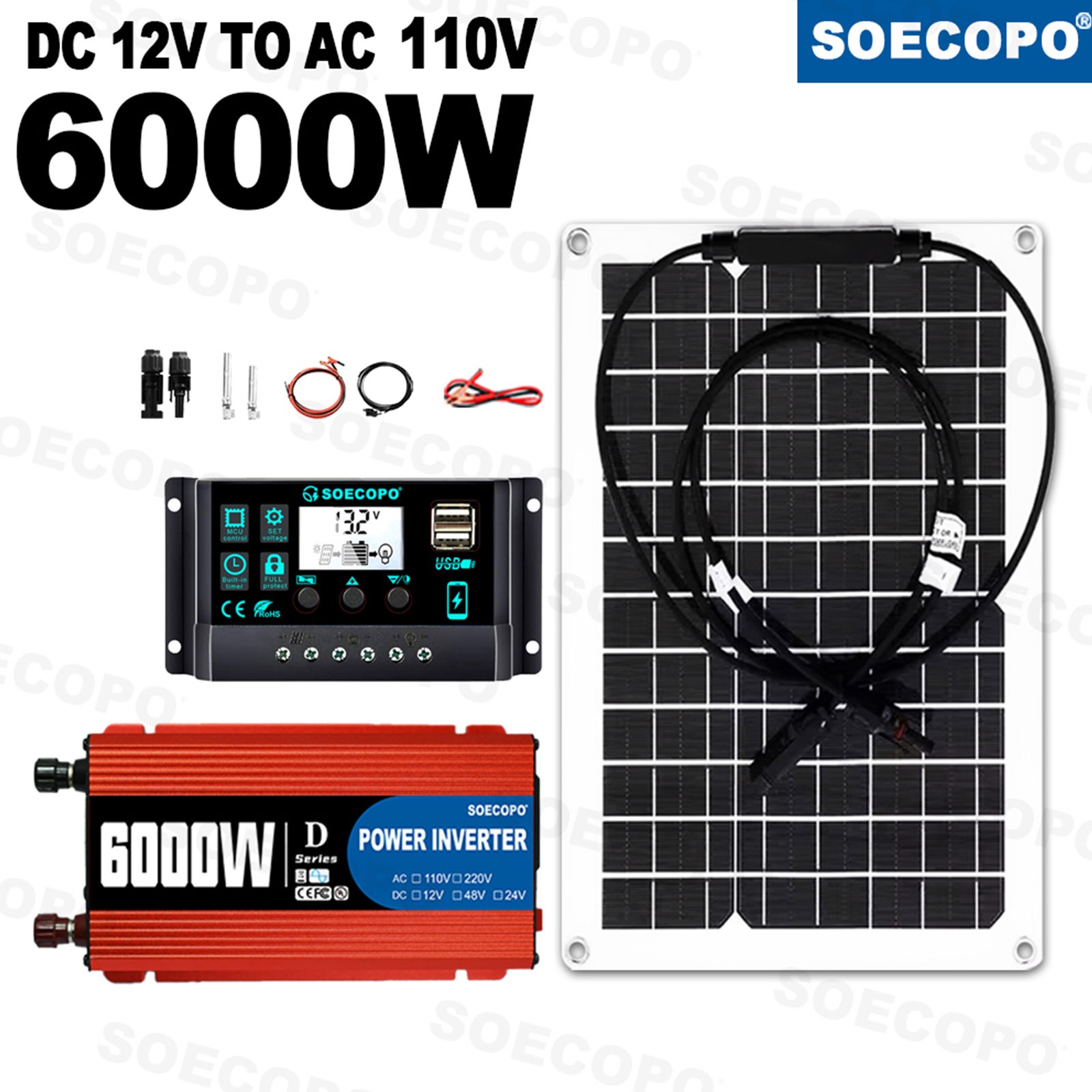 SOECOPO 6000W Solar System Complete Kit,12V DC to 110V/220V AC Inverter