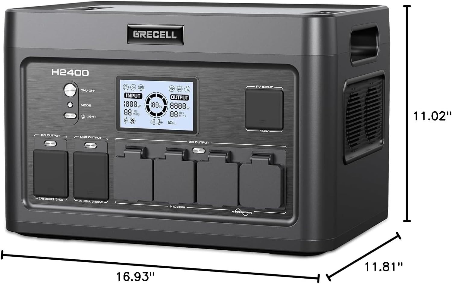 Grecell H2400 Portable Power Station 2400W, 1843Wh LiFePO4 Solar Generator