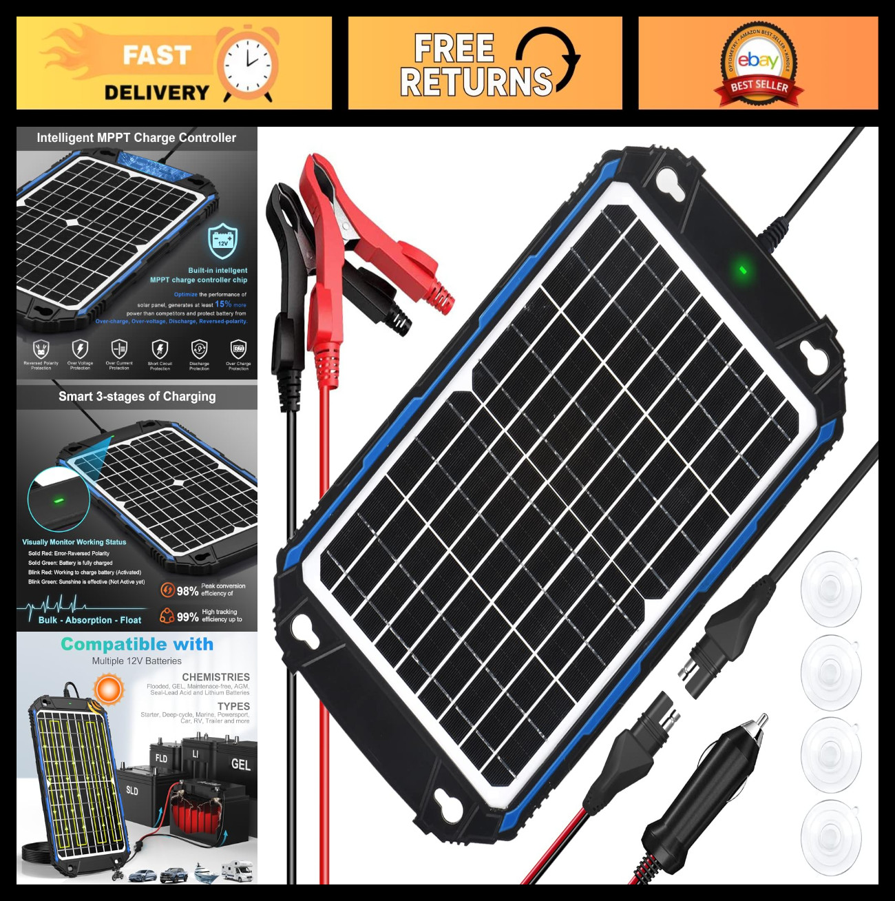 12W Waterproof Solar Battery Charger & Maintainer, MPPT Controller, 12V Trickle
