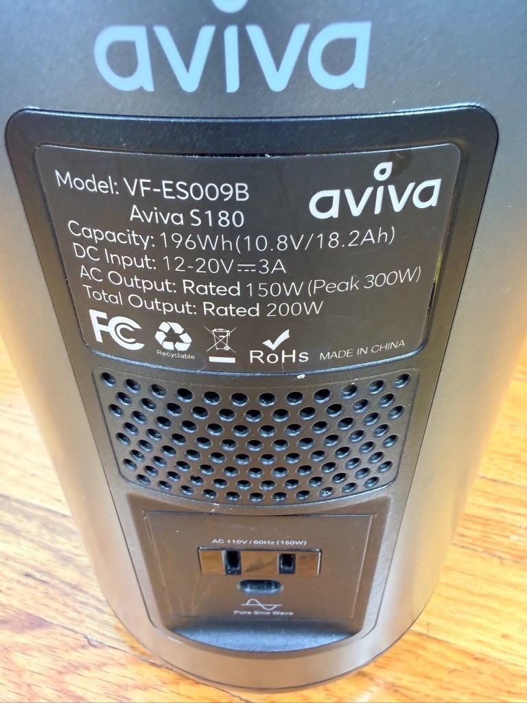 Aviva S180 Portable Power Station 196Wh – 150W AC / USB-C PD / Solar Input – Wor