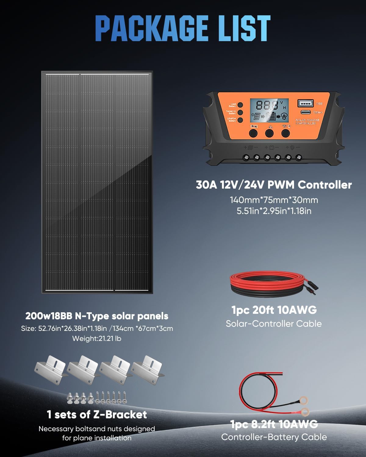 12V 200W Watt Mono Solar Panel Kit Battery Charger Home Boat Camping RV Off-Grid