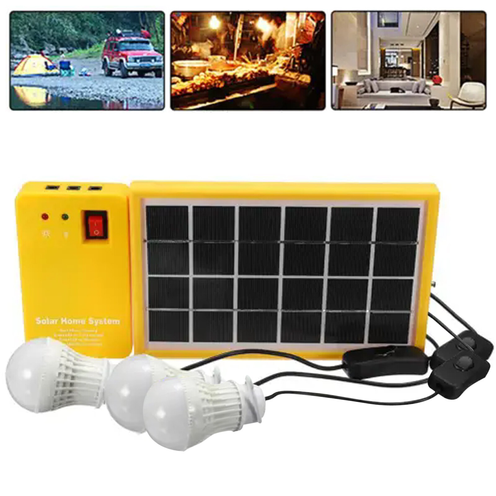 Portable Solar Light Kit 5V Usb 3 Led Bulbs Home Emergency Power System