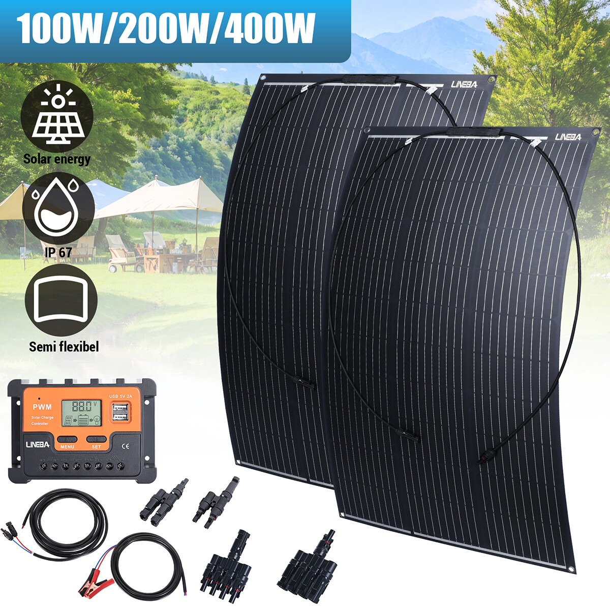 400W 200W 100W 12V Flexible Solar Panel Kit w/Controller for RV Camping Rooftop