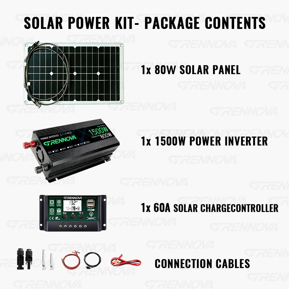 Grennova 1500W Solar Power Kit 80W Panel 12V To 110V/220V Inverter 60A Controlle