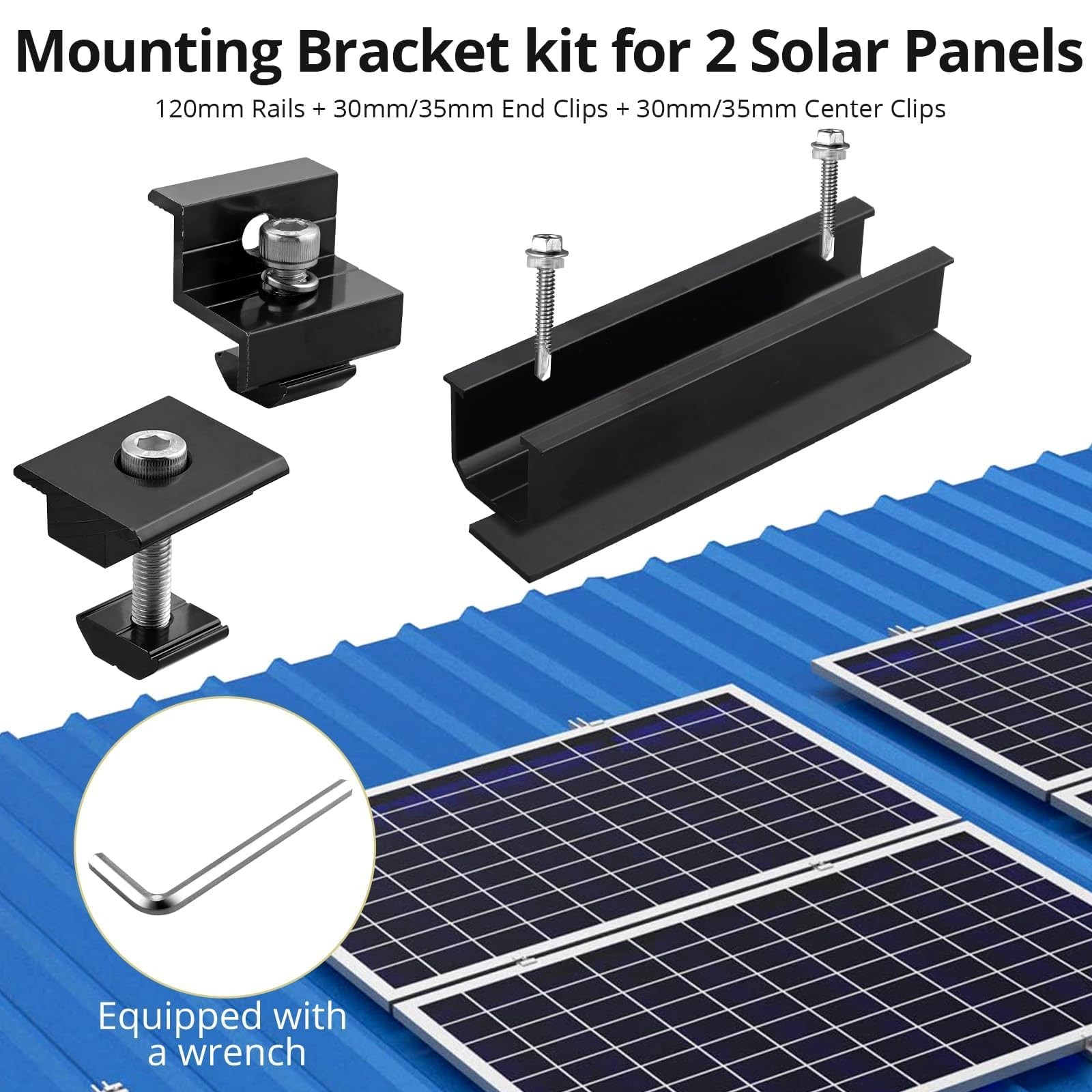 Aluminium Solar Panel Mounting Rail & Adjustable Clamps Bracket Kit 6PC Black