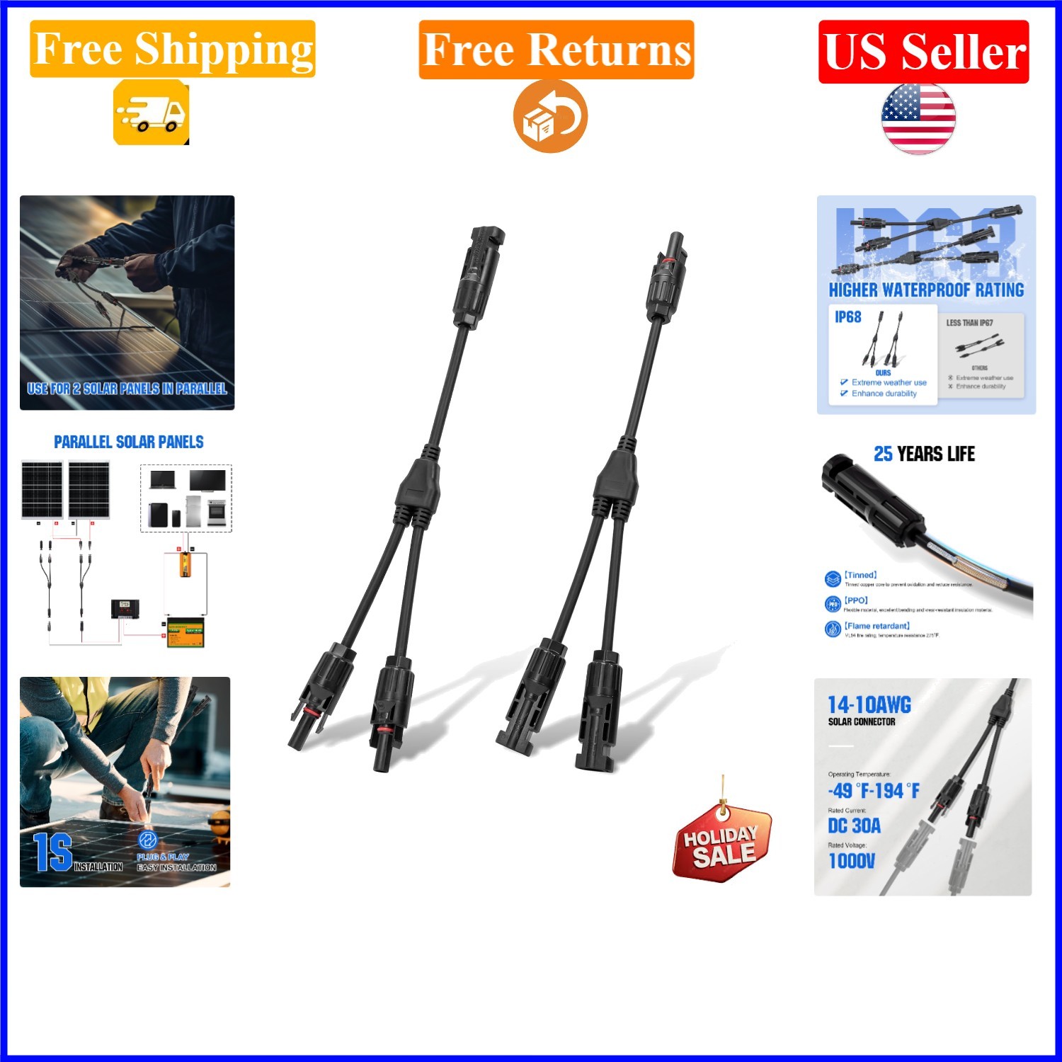 Solar Y Branch Parallel PV Connector Kit, Waterproof, 1 Pair, for Solar Panels