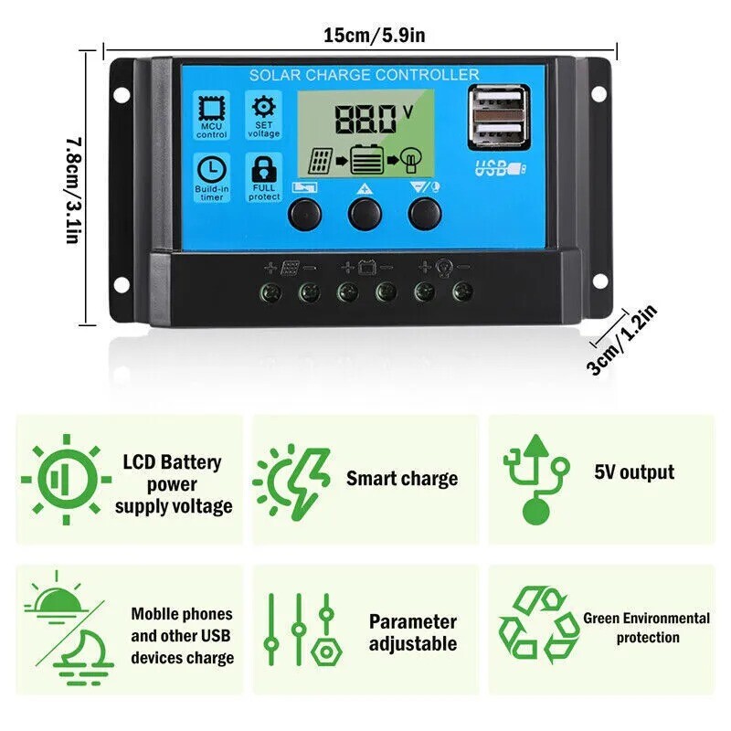 20 Watts Solar Panel Kit 10A 12V Battery Charger w/ Controller Caravan Boat RV