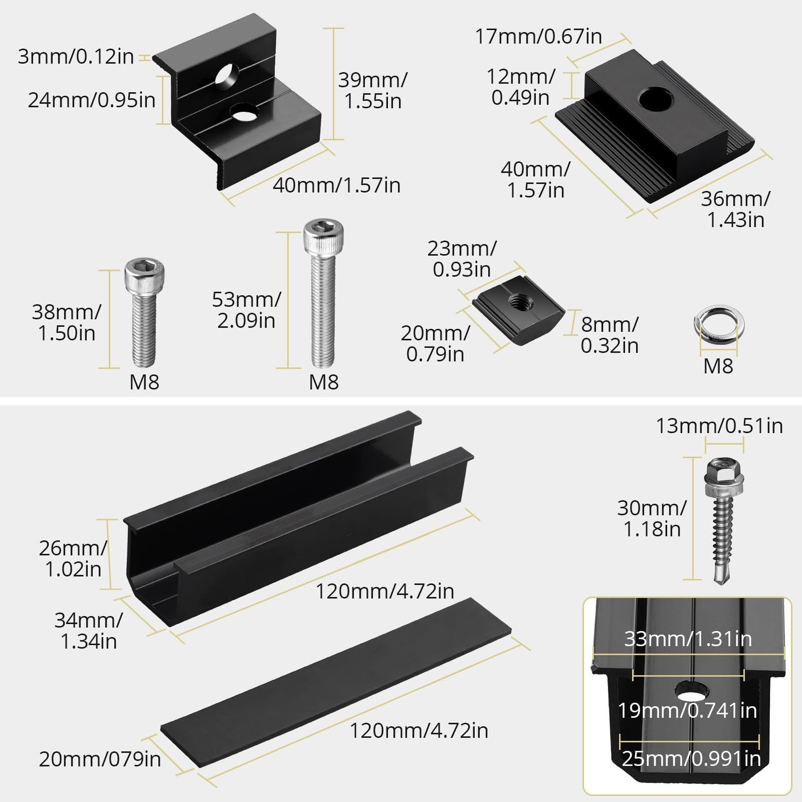 Aluminium Solar Panel Mounting Rail & Adjustable Clamps Bracket Kit 6PC Black