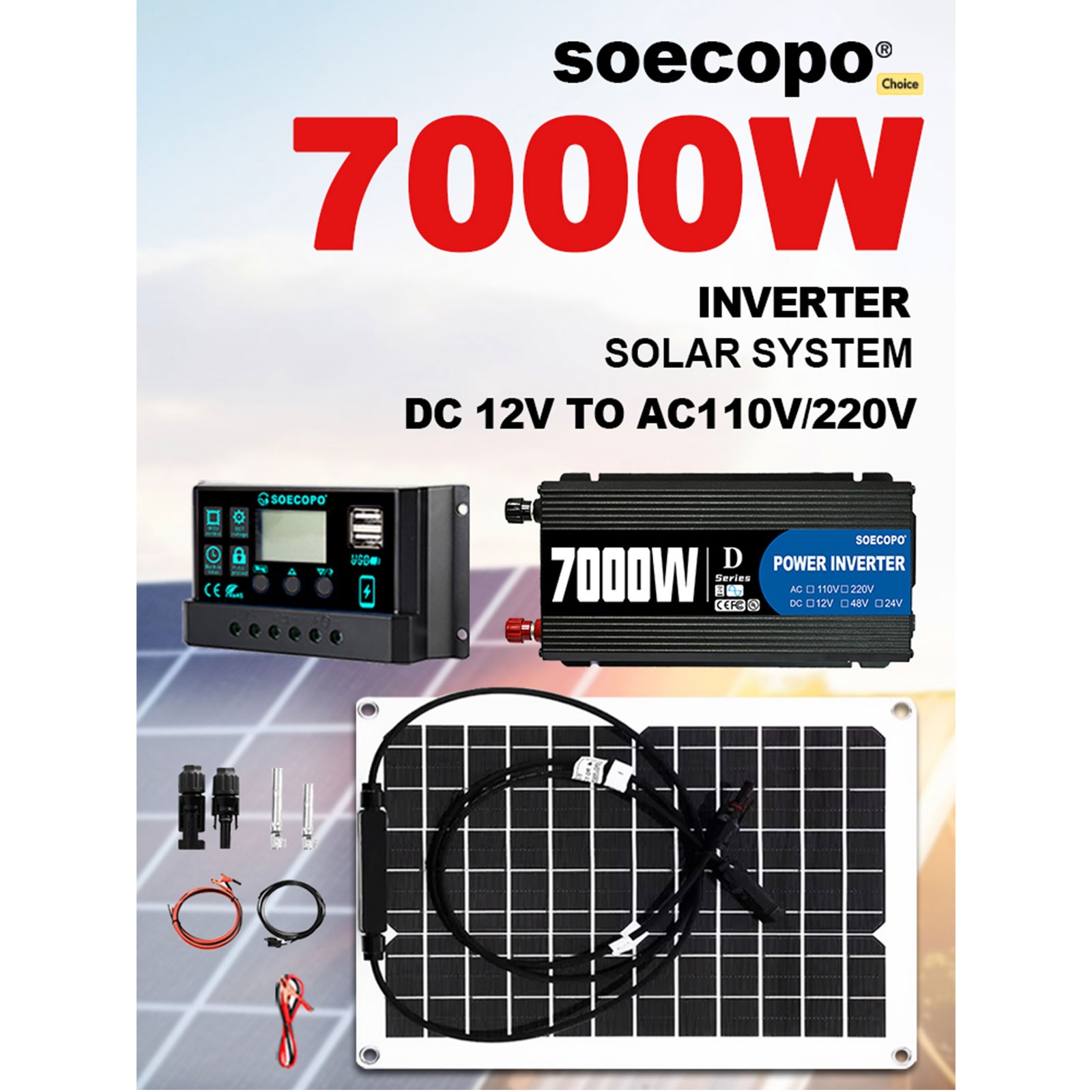 SOECOPO 7000W Peak Solar System Flexible Panel 100A Controller 12V To 110/220V