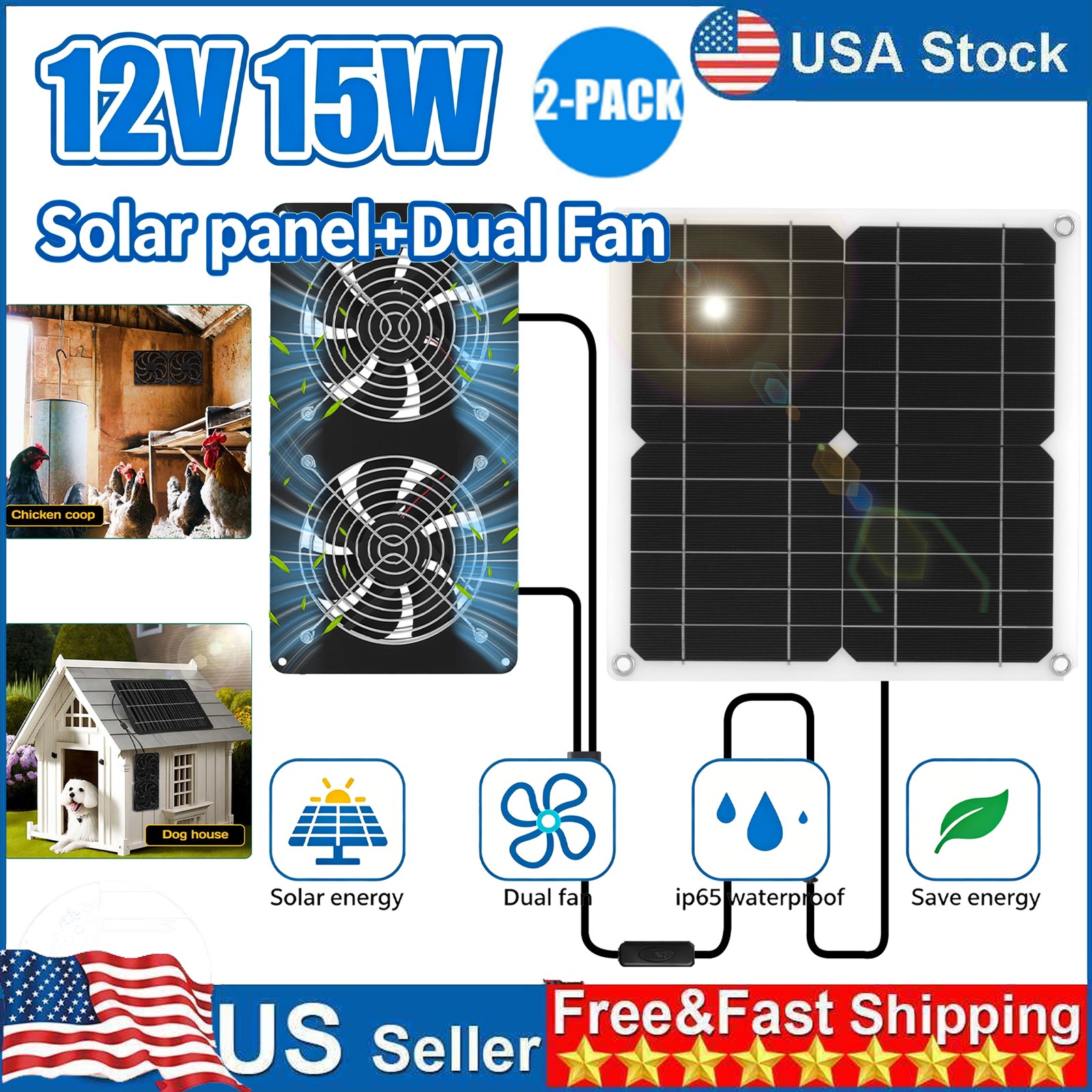 2PCS 15W Solar Powered Fan/Solar Exhaust Fans for Outside/Solar Greenhouse Fan