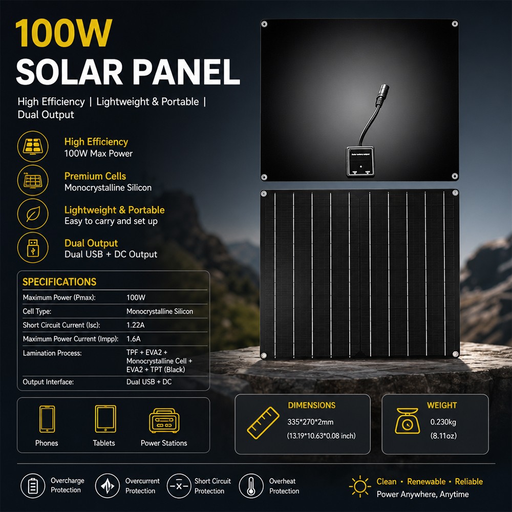 100W Portable Flexible Monocrystalline Solar Panel USB DC Outdoor RV Camping Use