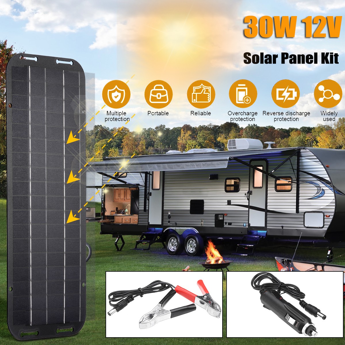 30W Solar Panel Kit 12V Waterproof Portable Battery Charger for Outdoor Camping