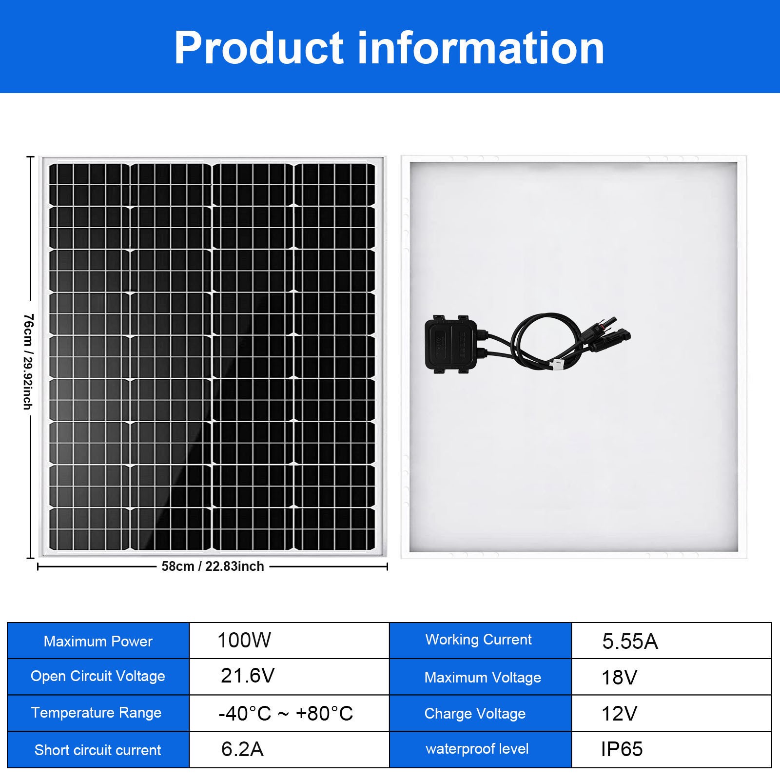 100 Watt 12V Monocrystalline Solar Panel PV Module for Battery Charger Caravan
