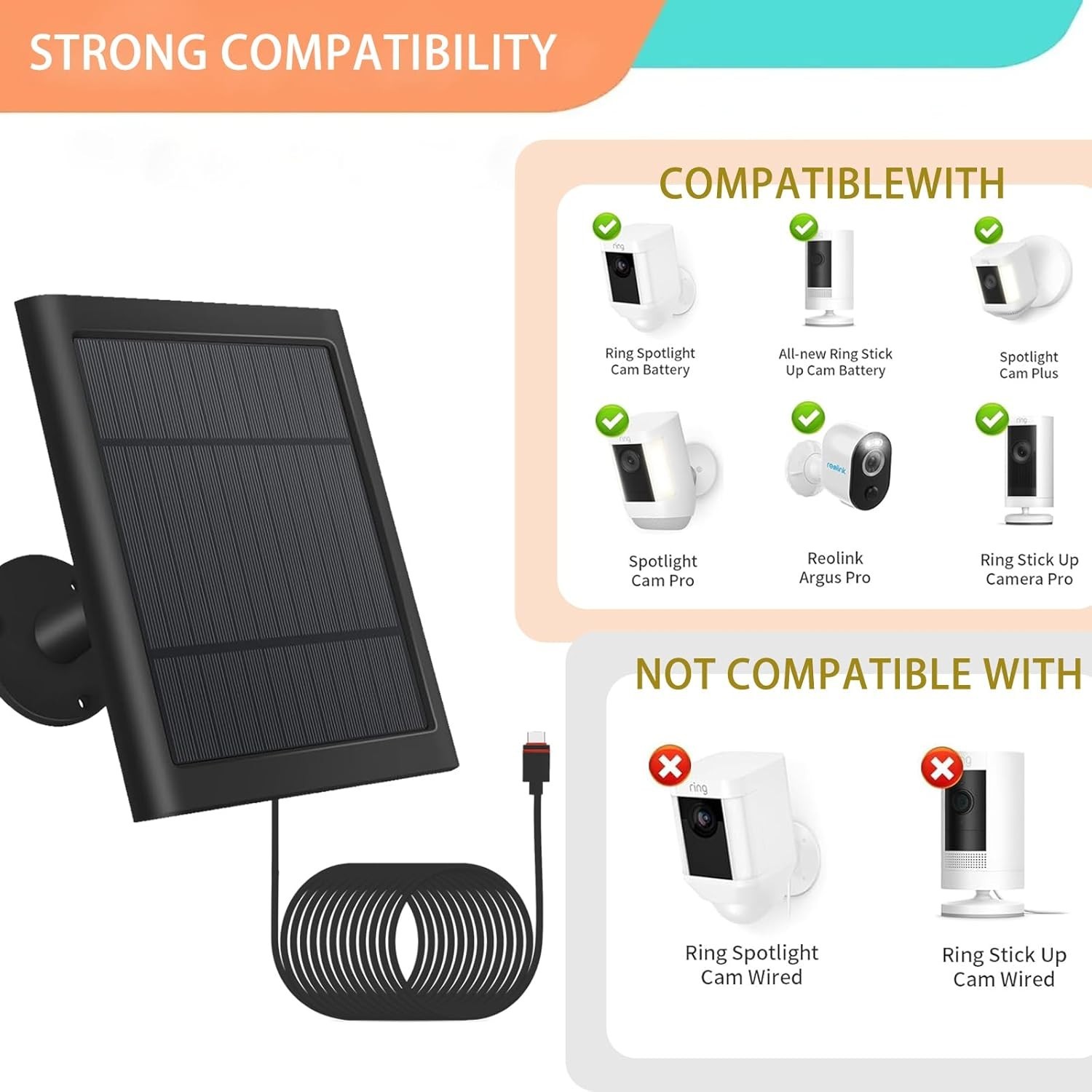 Solar Charging Panel for Ring Cameras – 360° Bracket & Safe Charging Features
